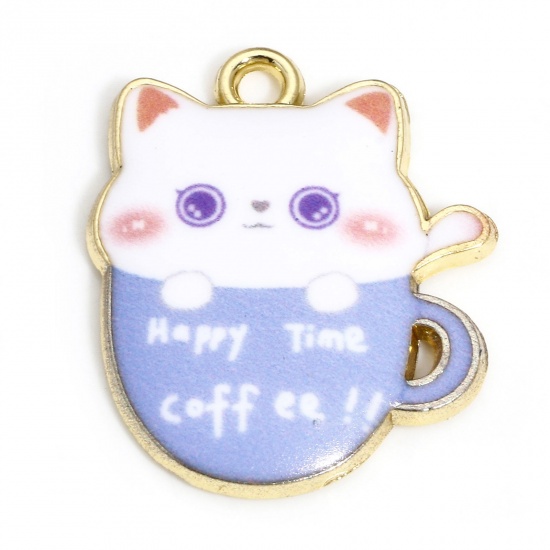 Picture of 10 PCs Zinc Based Alloy Charms Gold Plated Blue Cup Cat Enamel 23mm x 19mm