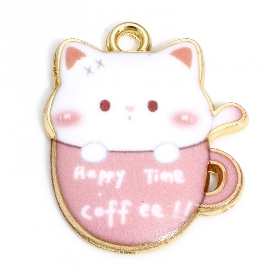 Picture of 10 PCs Zinc Based Alloy Charms Gold Plated Pink Cup Cat Enamel 23mm x 19mm