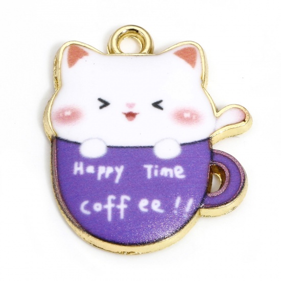 Picture of 10 PCs Zinc Based Alloy Charms Gold Plated Purple Cup Cat Enamel 23mm x 19mm