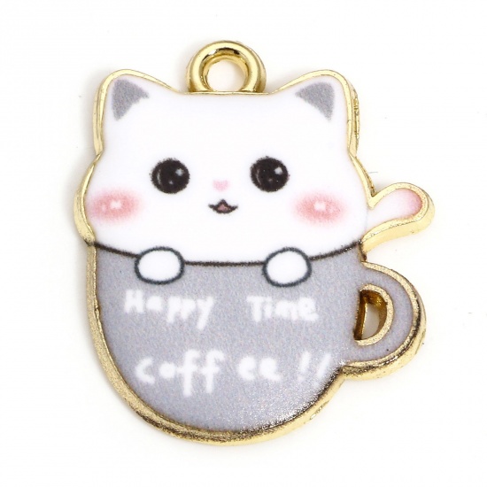 Picture of 10 PCs Zinc Based Alloy Charms Gold Plated Gray Cup Cat Enamel 23mm x 19mm