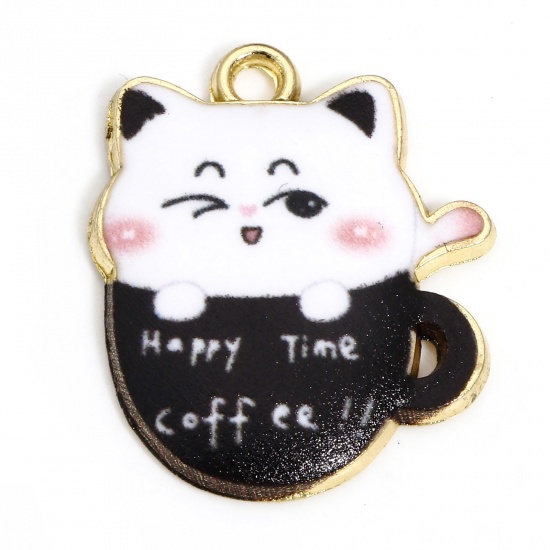 Picture of 10 PCs Zinc Based Alloy Charms Gold Plated Black Cup Cat Enamel 23mm x 19mm