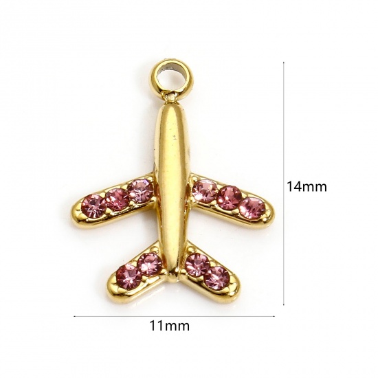 Bild von 1 Stück Vakuumbeschichtung 304 Edelstahl Exquisit Charms Flugzeug Vergoldet Rosa Strass 14mm x 11mm