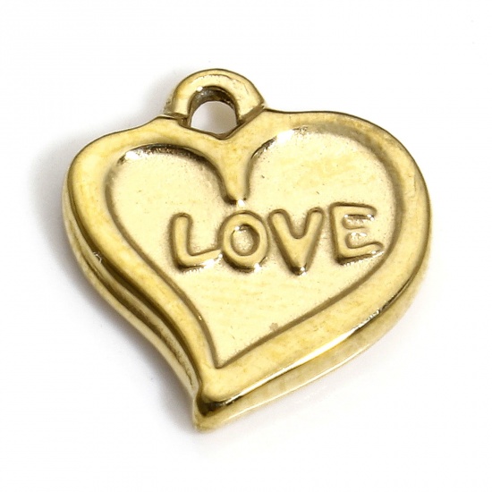 Immagine di 1 Pz 304 Acciaio Inossidabile San Valentino Charms Cuore Oro Placcato Messaggio " LOVE " Tessuto 12.5mm x 11.5mm