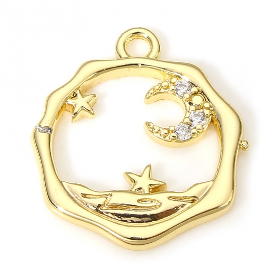 Picture of 1 Piece Brass Galaxy Charms 18K Real Gold Plated Star Moon Micro Pave Clear Cubic Zirconia 16.5mm x 14mm