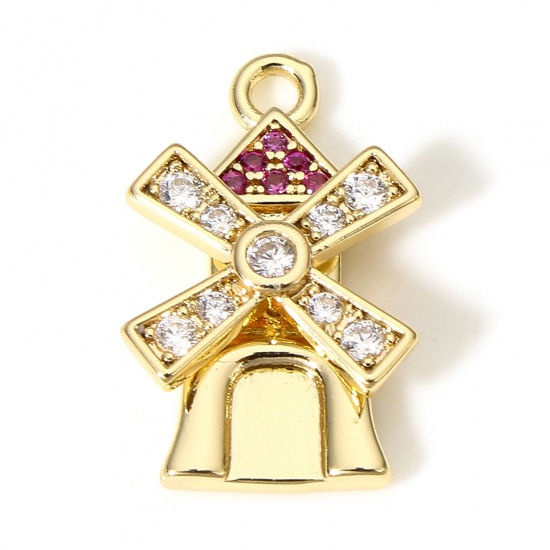 Picture of 1 Piece Brass Micro Pave Charms 18K Real Gold Plated Windmill Clear & Red Cubic Zirconia 19mm x 12mm