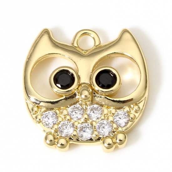 Picture of 1 Piece Brass Halloween Charms 18K Real Gold Plated Owl Animal Micro Pave Clear & Black Cubic Zirconia 16mm x 15mm