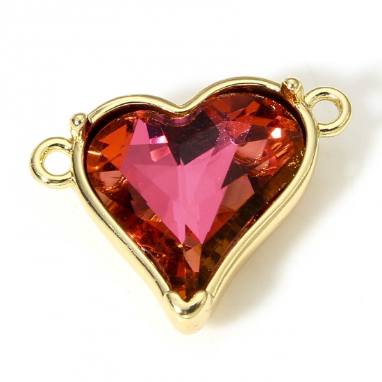 Picture of 1 Piece Brass & Cubic Zirconia Valentine's Day Connectors Charms Pendants Heart 18K Real Gold Plated Red 18mm x 14mm                                                                                                                                          