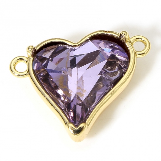 Picture of 1 Piece Brass & Cubic Zirconia Valentine's Day Connectors Charms Pendants Heart 18K Real Gold Plated Purple 18mm x 14mm                                                                                                                                       