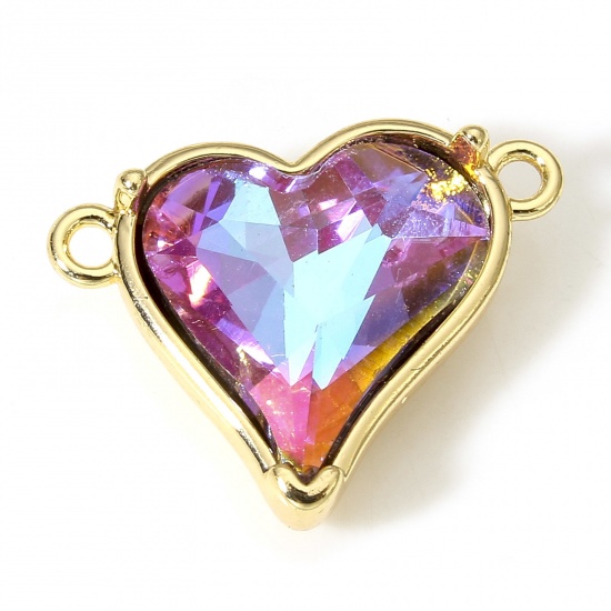 Picture of 1 Piece Brass & Cubic Zirconia Valentine's Day Connectors Charms Pendants Heart 18K Real Gold Plated Pink AB Rainbow Color 18mm x 14mm                                                                                                                        