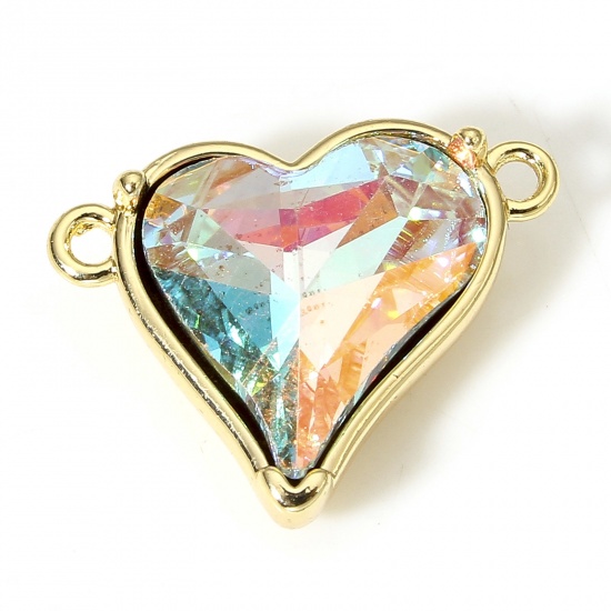 Picture of 1 Piece Brass & Cubic Zirconia Valentine's Day Connectors Charms Pendants Heart 18K Real Gold Plated Transparent Clear AB Rainbow Color 18mm x 14mm                                                                                                           
