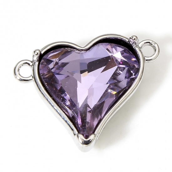Picture of 1 Piece Brass & Cubic Zirconia Valentine's Day Connectors Charms Pendants Heart Real Platinum Plated Purple 18mm x 14mm                                                                                                                                       