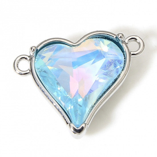 Picture of 1 Piece Brass & Cubic Zirconia Valentine's Day Connectors Charms Pendants Heart Real Platinum Plated Light Blue 18mm x 14mm                                                                                                                                   