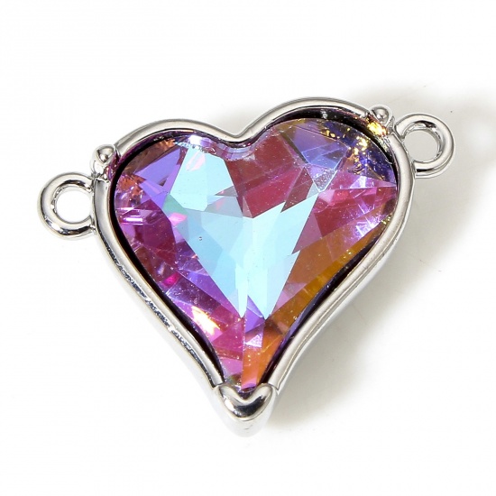 Picture of 1 Piece Brass & Cubic Zirconia Valentine's Day Connectors Charms Pendants Heart Real Platinum Plated Pink AB Rainbow Color 18mm x 14mm                                                                                                                        