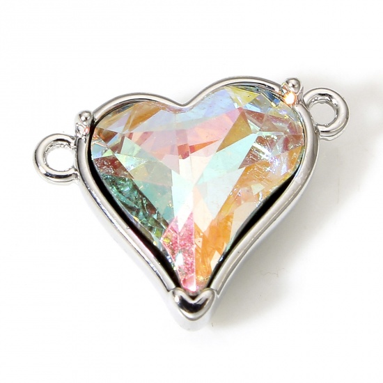 Picture of 1 Piece Brass & Cubic Zirconia Valentine's Day Connectors Charms Pendants Heart Real Platinum Plated Transparent Clear AB Rainbow Color 18mm x 14mm                                                                                                           