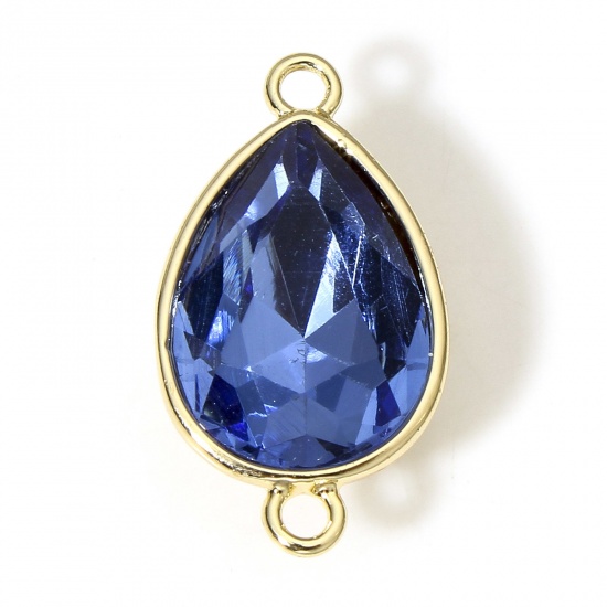 Picture of 1 Piece Brass & Cubic Zirconia Geometric Connectors Charms Pendants Drop 18K Real Gold Plated Royal Blue 21mm x 11.5mm                                                                                                                                        