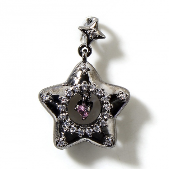Picture of 1 Piece Brass Micro Pave Pendants Gunmetal Pentagram Star Heart Hollow Clear Cubic Zirconia 3cm x 2.1cm