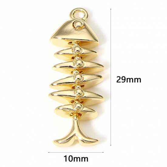 Picture of 1 Piece Copper Ocean Jewelry Charms 18K Real Gold Plated Fish Bone 3D 29mm x 10mm