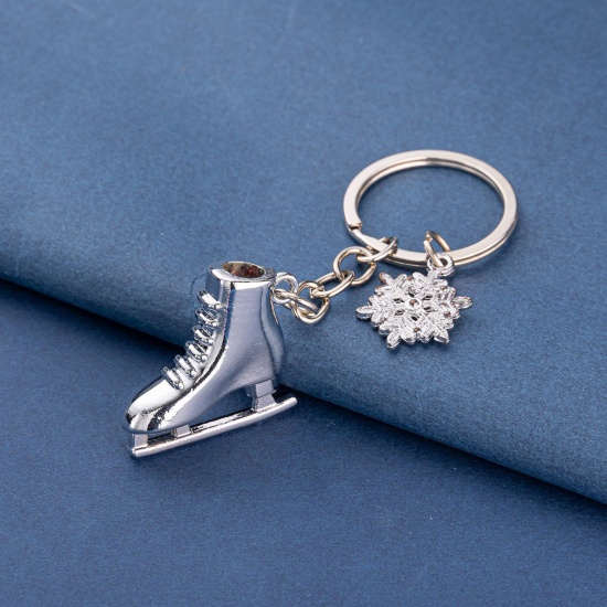 Picture of 1 Piece Sport Keychain & Keyring Silver Tone Ice Skates Snowflake 6.5cm x 3cm