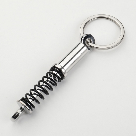 Picture of 1 Piece Punk Keychain & Keyring Silver Tone Black Car Tuning Part Spring Shock Absorber 10cm