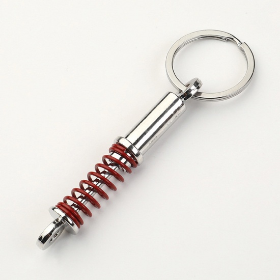 Picture of 1 Piece Punk Keychain & Keyring Silver Tone Red Car Tuning Part Spring Shock Absorber 10cm