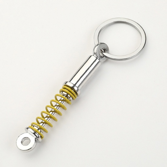 Picture of 1 Piece Punk Keychain & Keyring Silver Tone Yellow Car Tuning Part Spring Shock Absorber 10cm