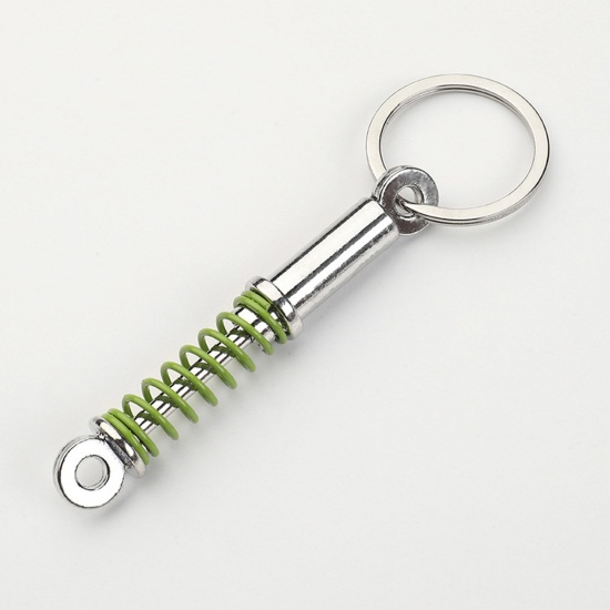 Picture of 1 Piece Punk Keychain & Keyring Silver Tone Green Car Tuning Part Spring Shock Absorber 10cm