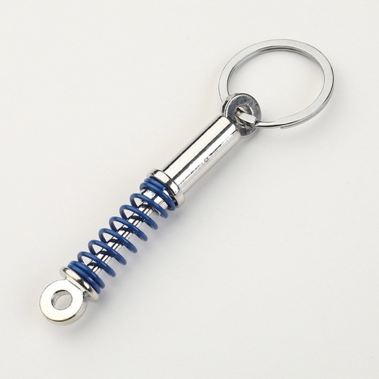 Picture of 1 Piece Punk Keychain & Keyring Silver Tone Blue Car Tuning Part Spring Shock Absorber 10cm