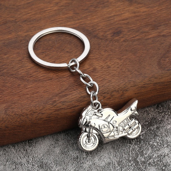Picture of 1 Piece Punk Keychain & Keyring Silver Tone Motorcycle 8cm