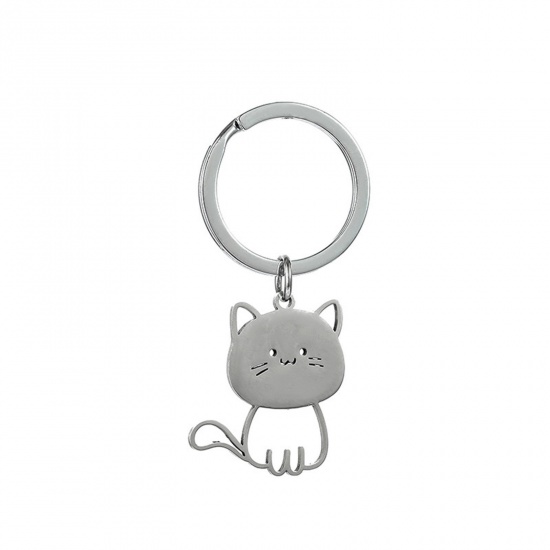 Bild von 1 Stück 201 Edelstahl Niedlich Schlüsselkette & Schlüsselring Silberfarbe Katze 6cm