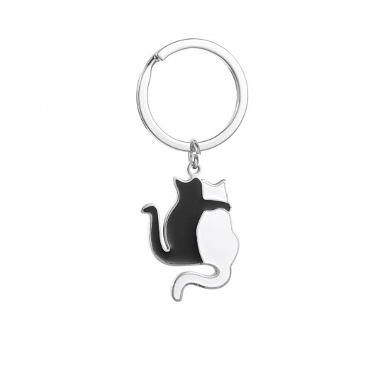 Bild von 1 Stück 201 Edelstahl Niedlich Schlüsselkette & Schlüsselring Silberfarbe Schwarz & Weiß Katze 6cm
