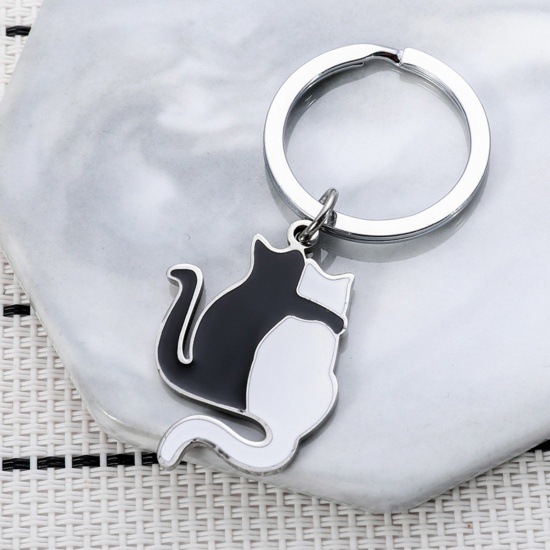 Bild von 1 Stück 201 Edelstahl Niedlich Schlüsselkette & Schlüsselring Silberfarbe Schwarz & Weiß Katze 6cm