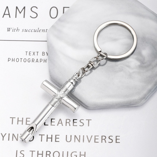 Picture of 1 Piece Stylish Keychain & Keyring Silver Tone Whistle Cross 10cm
