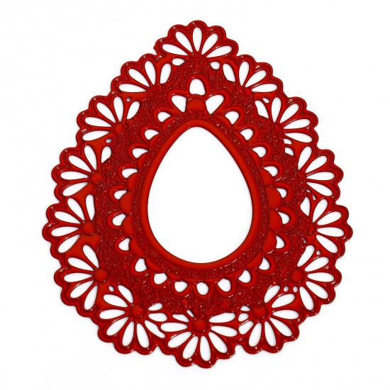 Immagine di 10 Pz Lega di Ferro Filigree Stamping Ciondoli Rosso Goccia Fiore Filigrana 4.3cm x 3.6cm