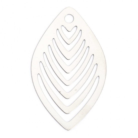 Picture of 10 PCs Iron Based Alloy Filigree Stamping Pendants Silver Tone Leaf Stripe Hollow 4.1cm x 2.4cm