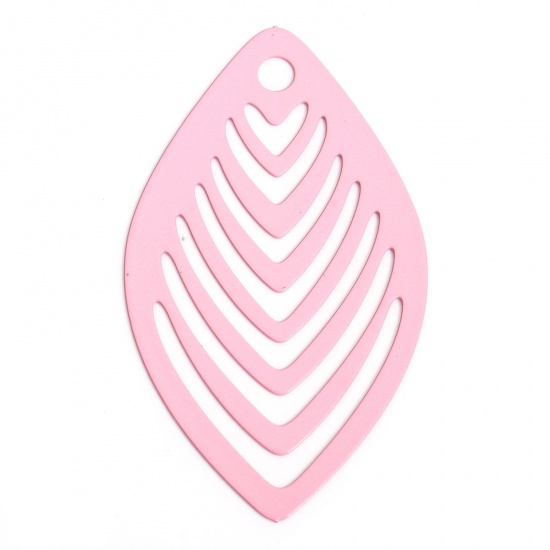 Picture of 10 PCs Iron Based Alloy Painted Filigree Stamping Pendants Pink Leaf Stripe Hollow 4.1cm x 2.4cm