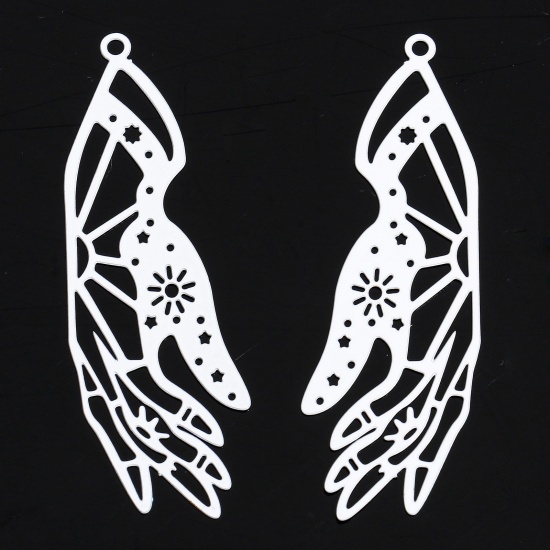 Picture of 20 PCs Iron Based Alloy Painted Filigree Stamping Pendants White Hand Filigree 4.5cm x 1.5cm