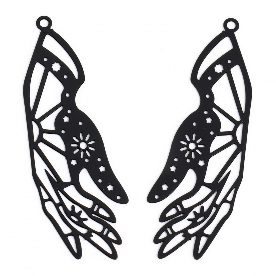 Picture of 20 PCs Iron Based Alloy Painted Filigree Stamping Pendants Black Hand Filigree 4.5cm x 1.5cm