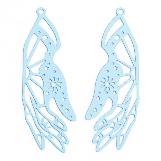 Picture of 20 PCs Iron Based Alloy Painted Filigree Stamping Pendants Blue Hand Filigree 4.5cm x 1.5cm