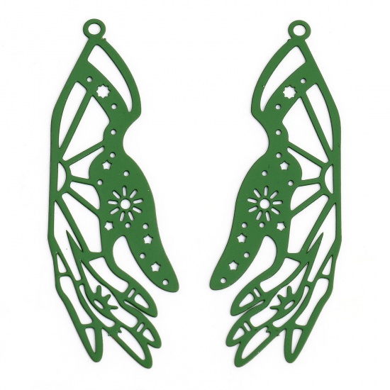 Picture of 20 PCs Iron Based Alloy Painted Filigree Stamping Pendants Green Hand Filigree 4.5cm x 1.5cm