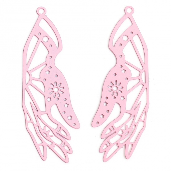 Picture of 20 PCs Iron Based Alloy Painted Filigree Stamping Pendants Pink Hand Filigree 4.5cm x 1.5cm