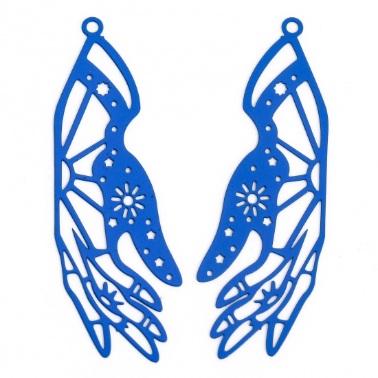 Picture of 20 PCs Iron Based Alloy Painted Filigree Stamping Pendants Royal Blue Hand Filigree 4.5cm x 1.5cm