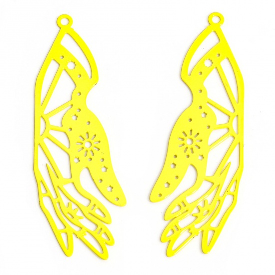 Picture of 20 PCs Iron Based Alloy Painted Filigree Stamping Pendants Yellow Hand Filigree 4.5cm x 1.5cm
