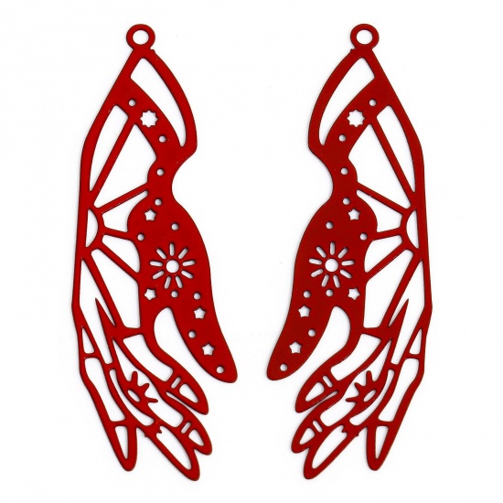 Picture of 20 PCs Iron Based Alloy Painted Filigree Stamping Pendants Red Hand Filigree 4.5cm x 1.5cm