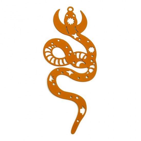 Immagine di 5 Pz Lega di Ferro Filigree Stamping Ciondoli Arancione Scuro Luna Serpente Filigrana 6.3cm x 2.4cm
