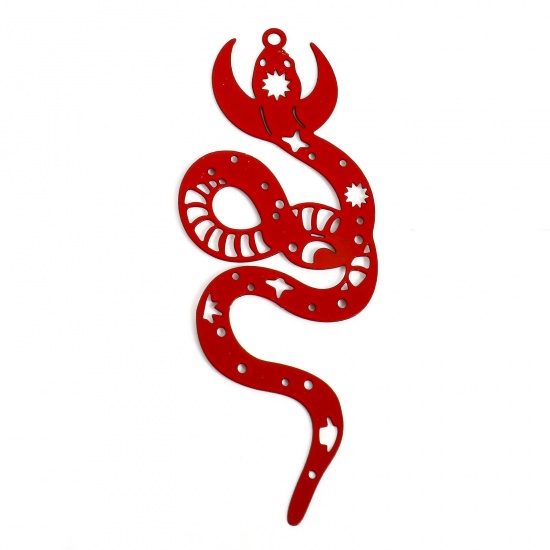 Immagine di 5 Pz Lega di Ferro Filigree Stamping Ciondoli Rosso Luna Serpente Filigrana 6.3cm x 2.4cm