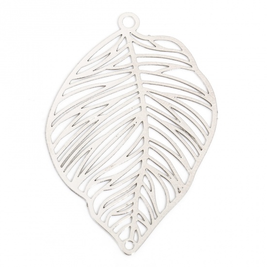 Picture of 10 PCs Iron Based Alloy Filigree Stamping Connectors Charms Pendants Silver Tone Leaf Hollow 3.7cm x 2.5cm