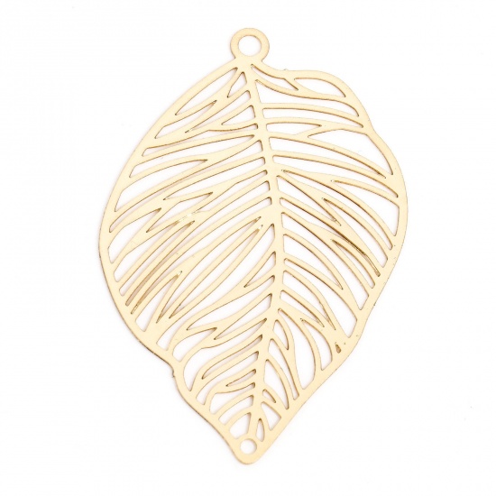 Picture of 10 PCs Iron Based Alloy Filigree Stamping Connectors Charms Pendants KC Gold Plated Leaf Hollow 3.7cm x 2.5cm