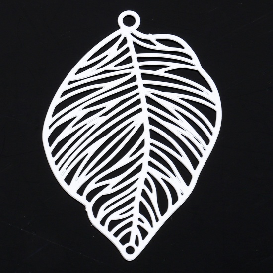 Picture of 10 PCs Iron Based Alloy Painted Filigree Stamping Connectors Charms Pendants White Leaf Hollow 3.7cm x 2.5cm