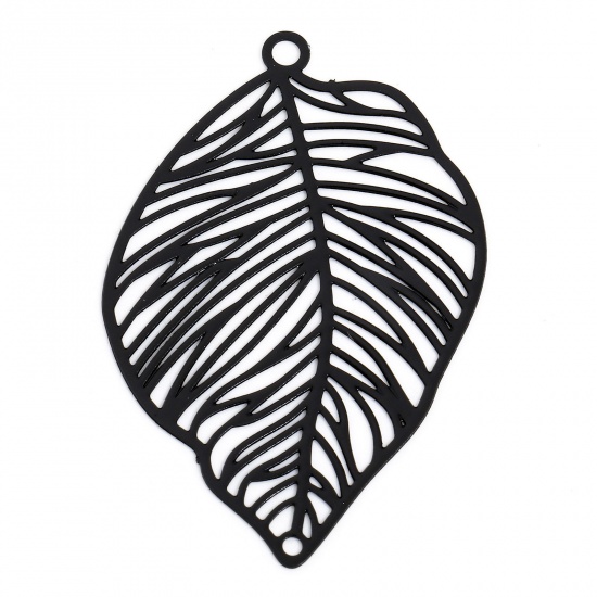 Picture of 10 PCs Iron Based Alloy Painted Filigree Stamping Connectors Charms Pendants Black Leaf Hollow 3.7cm x 2.5cm
