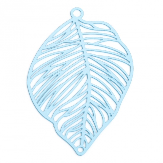 Picture of 10 PCs Iron Based Alloy Painted Filigree Stamping Connectors Charms Pendants Blue Leaf Hollow 3.7cm x 2.5cm